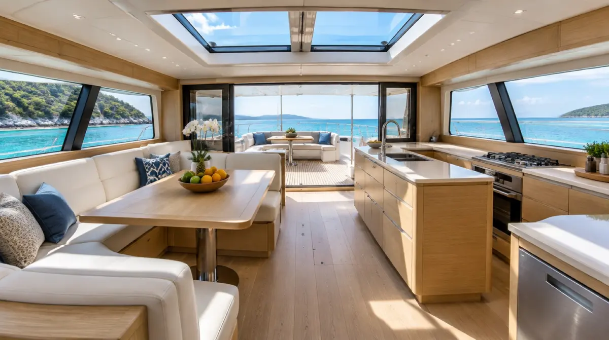 The catamaran's bright salon with sea views