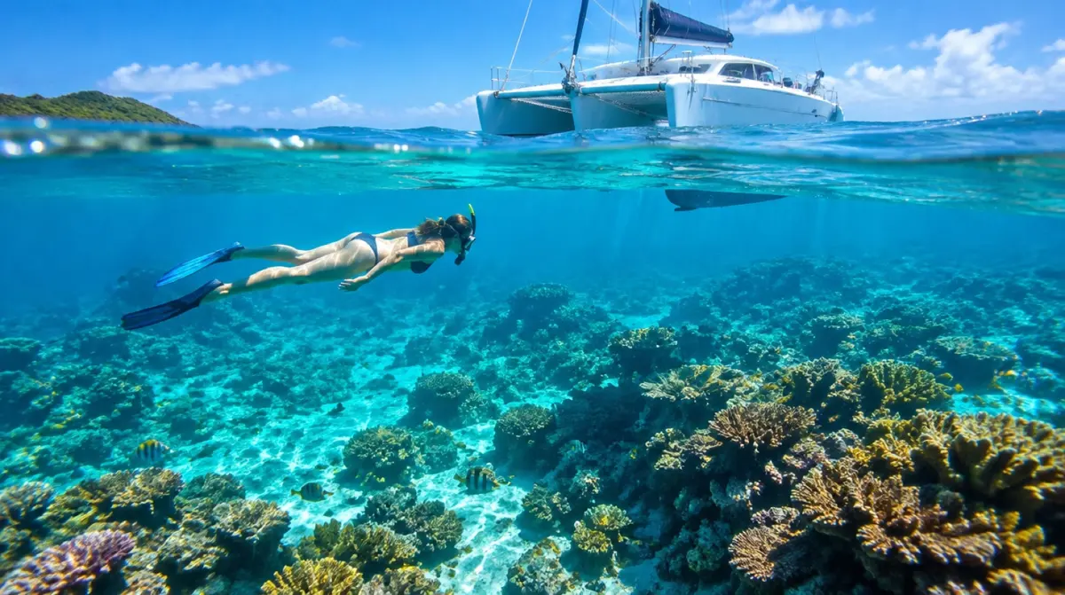 Snorkelers over a reef in clear water