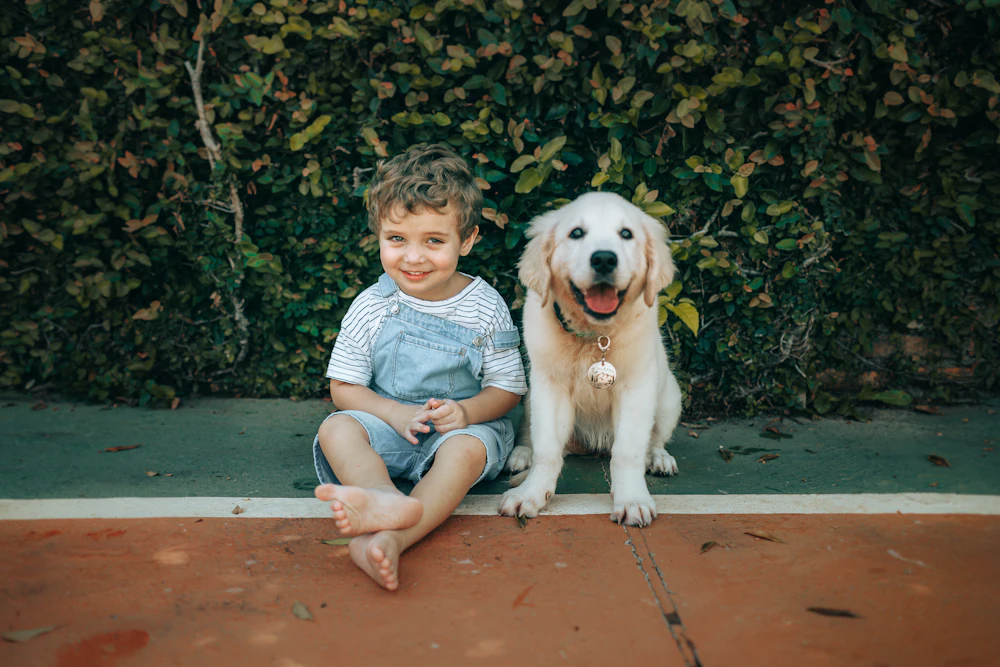 A smiling boy sitting next to a cream golden retriever puppy