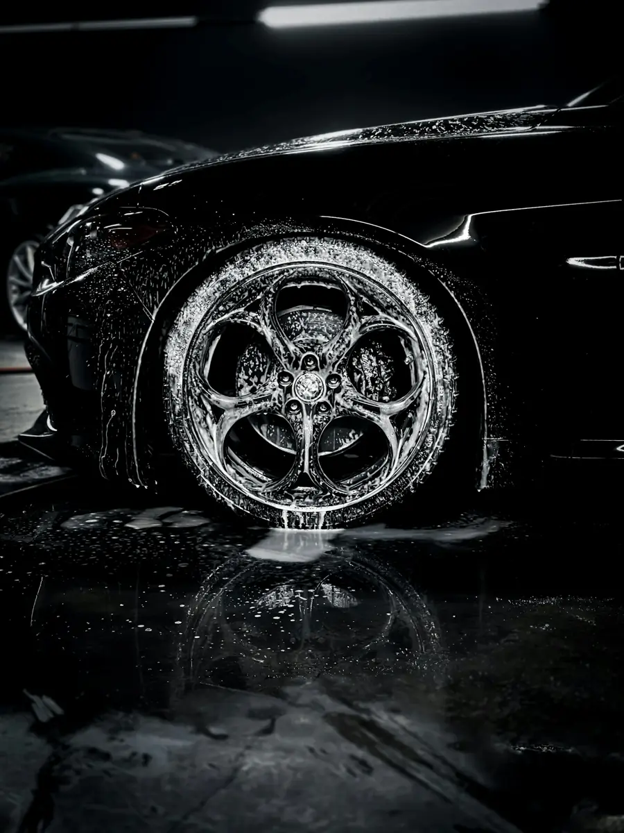 A freshly washed wheel in the detail bay