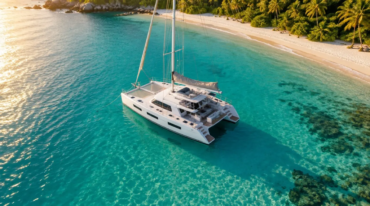 Aerial view of a catamaran on turquoise Caribbean water