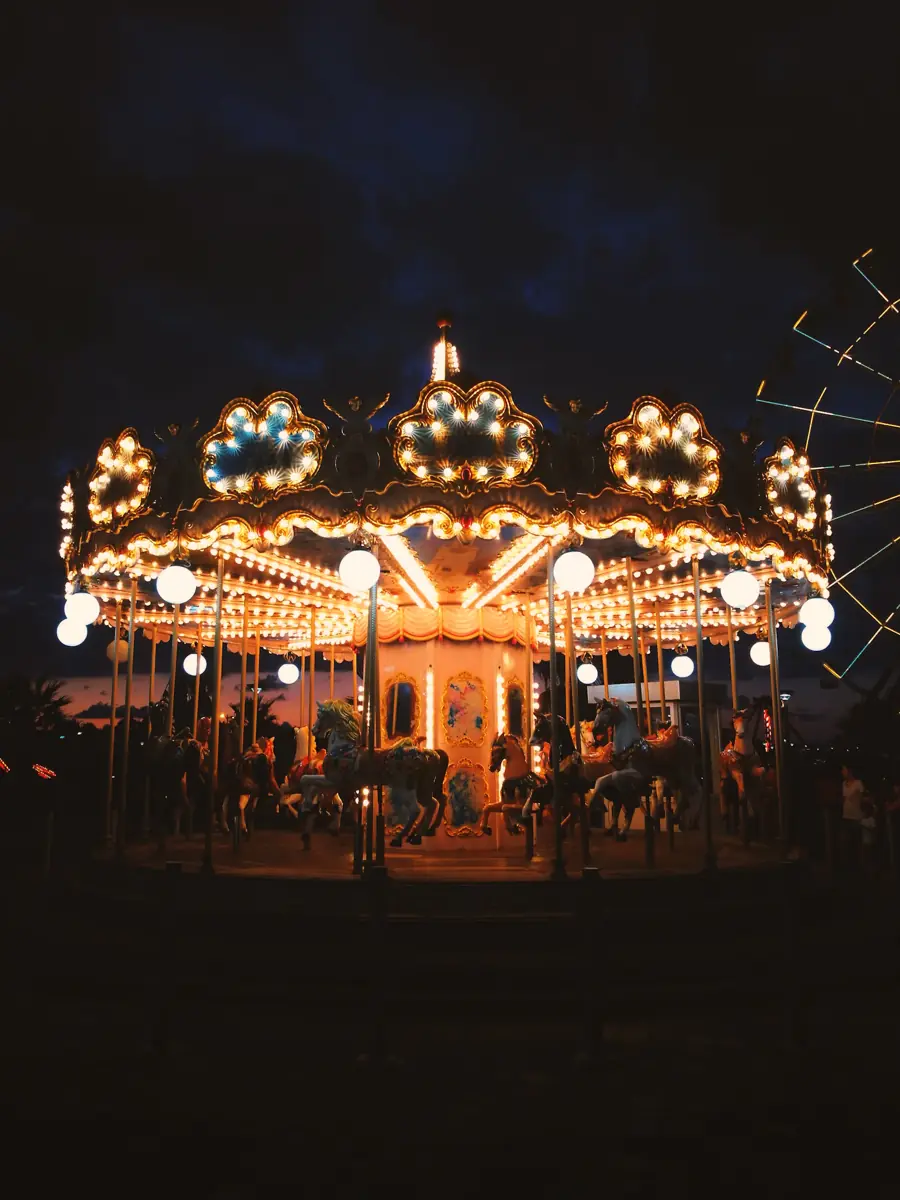 A carousel glowing at night